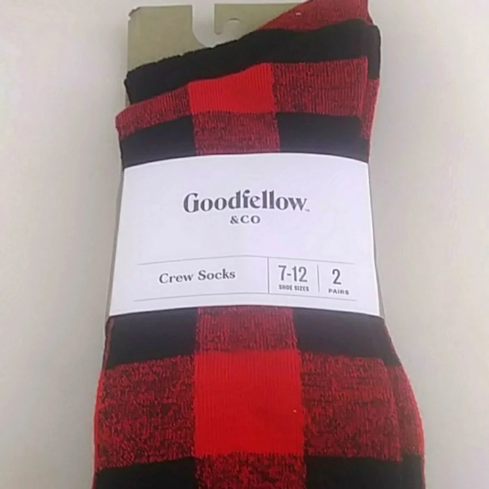 Goodfellow & Co Men's Buffalo Plaid Crew Socks 2pk, Black/Red, L (7-12)